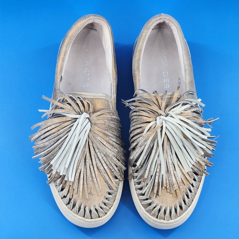 J/SLIDES Gold Fringe Slip-On Sneakers with Cream Tassels